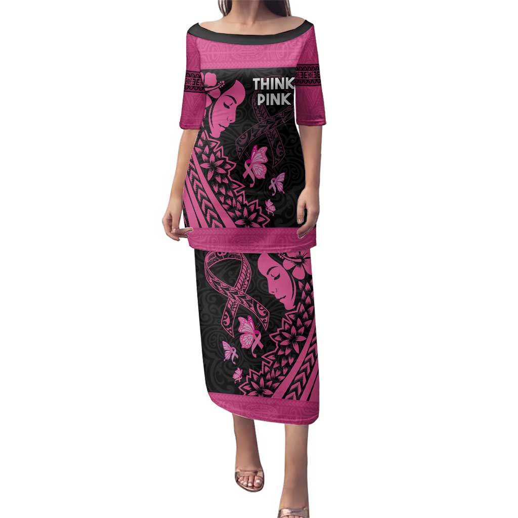 Breast Cancer Awareness Family Matching Puletasi and Hawaiian Shirt Think Pink Polynesian Ribbon and Butterfly LT03 Mom's Dress Pink - Polynesian Pride