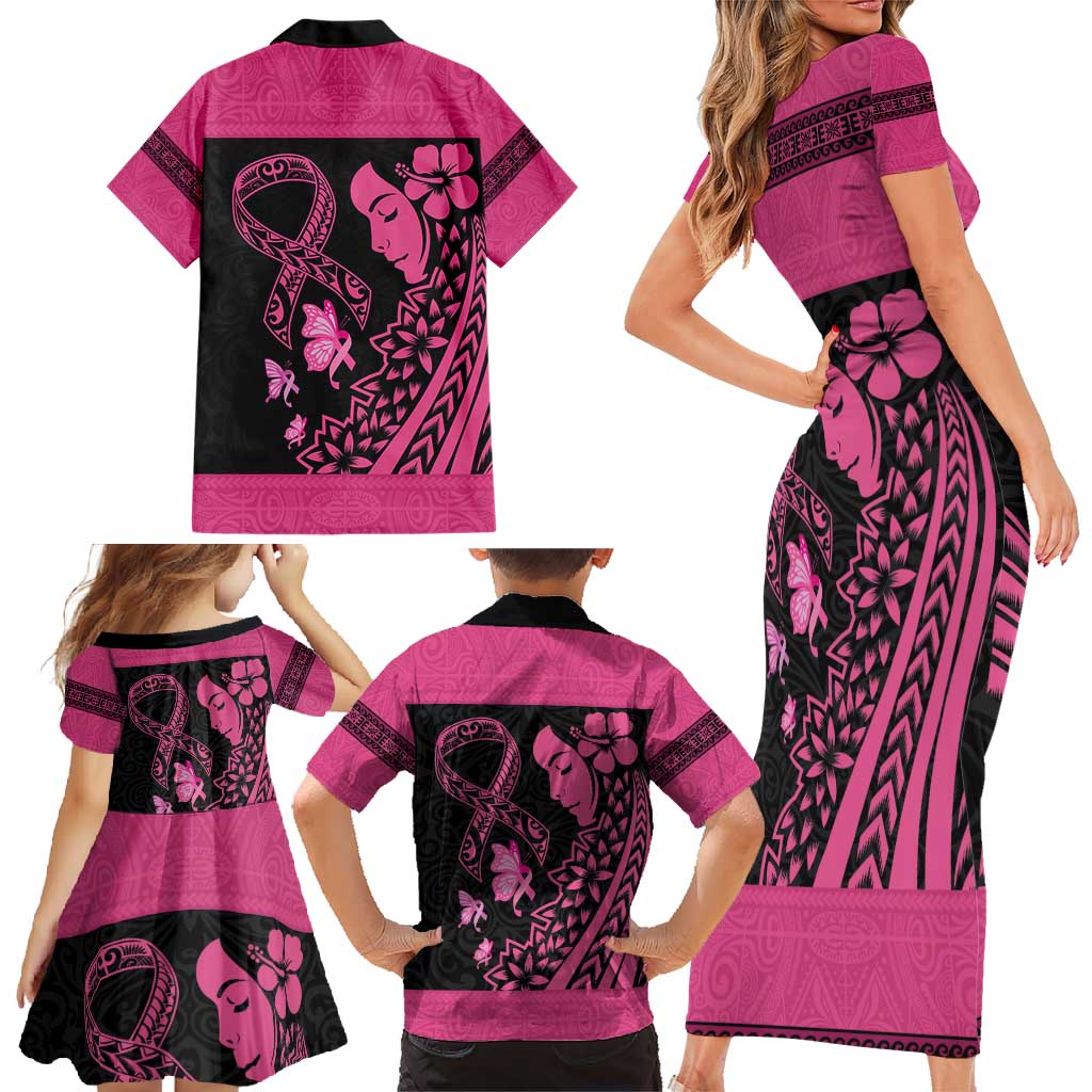Breast Cancer Awareness Family Matching Short Sleeve Bodycon Dress and Hawaiian Shirt Think Pink Polynesian Ribbon and Butterfly LT03 - Polynesian Pride