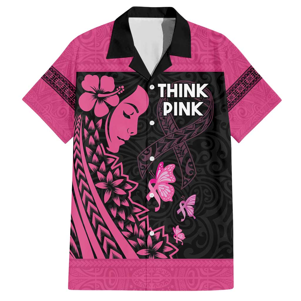 Breast Cancer Awareness Family Matching Short Sleeve Bodycon Dress and Hawaiian Shirt Think Pink Polynesian Ribbon and Butterfly LT03 Dad's Shirt - Short Sleeve Pink - Polynesian Pride