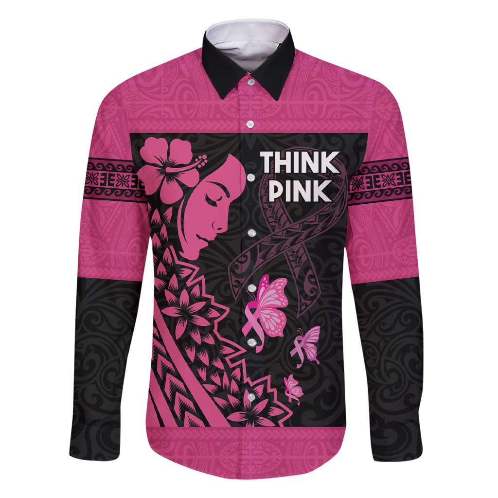 Breast Cancer Awareness Family Matching Short Sleeve Bodycon Dress and Hawaiian Shirt Think Pink Polynesian Ribbon and Butterfly LT03 Dad's Shirt - Long Sleeve Pink - Polynesian Pride