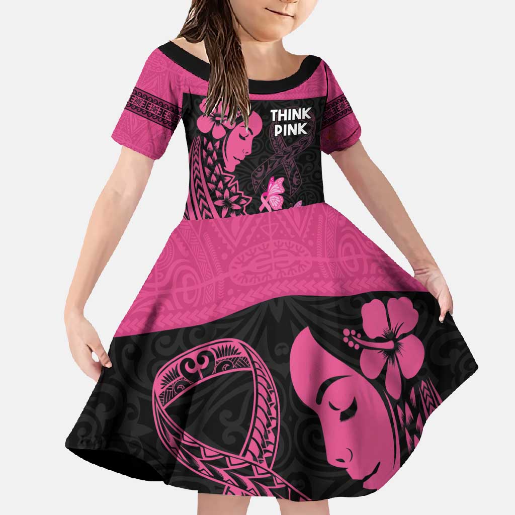 Breast Cancer Awareness Family Matching Summer Maxi Dress and Hawaiian Shirt Think Pink Polynesian Ribbon and Butterfly LT03 Daughter's Dress Pink - Polynesian Pride