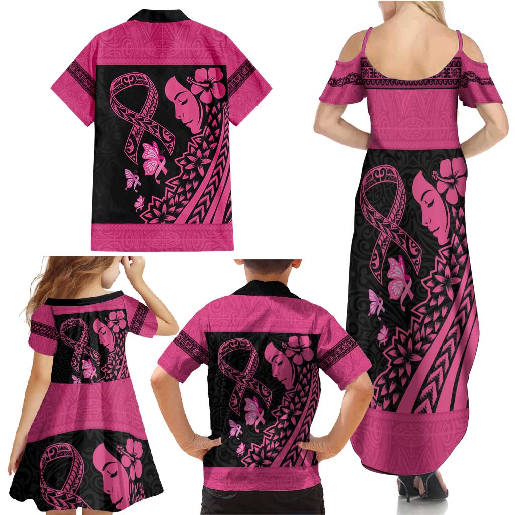 Breast Cancer Awareness Family Matching Summer Maxi Dress and Hawaiian Shirt Think Pink Polynesian Ribbon and Butterfly LT03 - Polynesian Pride