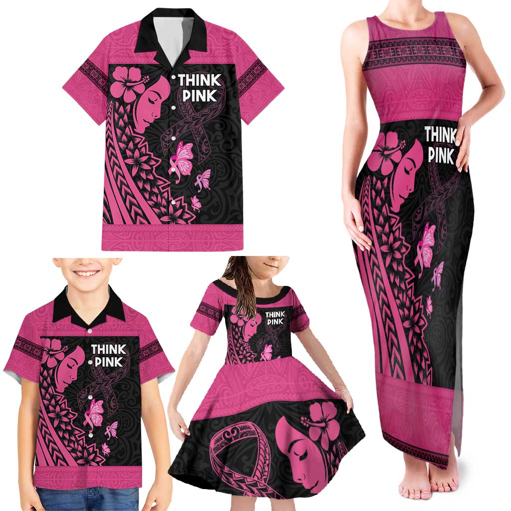 Breast Cancer Awareness Family Matching Tank Maxi Dress and Hawaiian Shirt Think Pink Polynesian Ribbon and Butterfly LT03 - Polynesian Pride