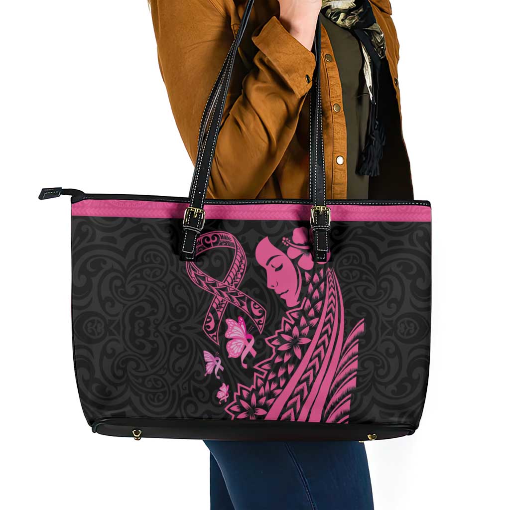Breast Cancer Awareness Leather Tote Bag Think Pink Polynesian Ribbon and Butterfly