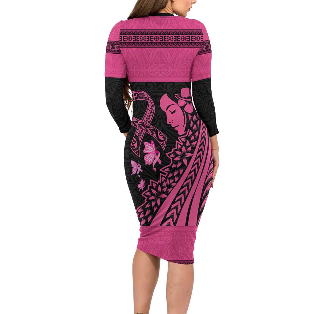Breast Cancer Awareness Long Sleeve Bodycon Dress Think Pink Polynesian Ribbon and Butterfly