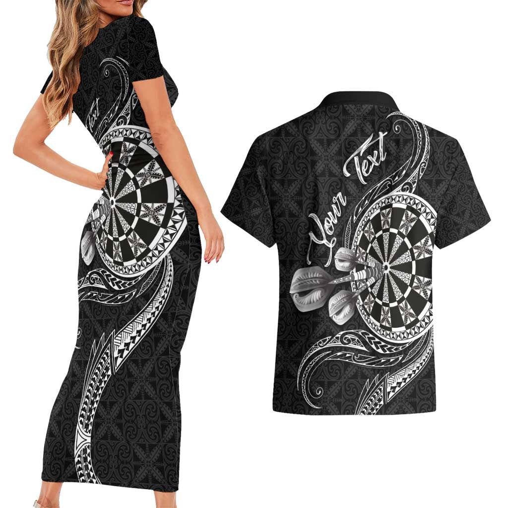 Personalised Niue Darts Masters Couples Matching Short Sleeve Bodycon Dress and Hawaiian Shirt Tribal Hiapo Dartboard - Polynesian Pride