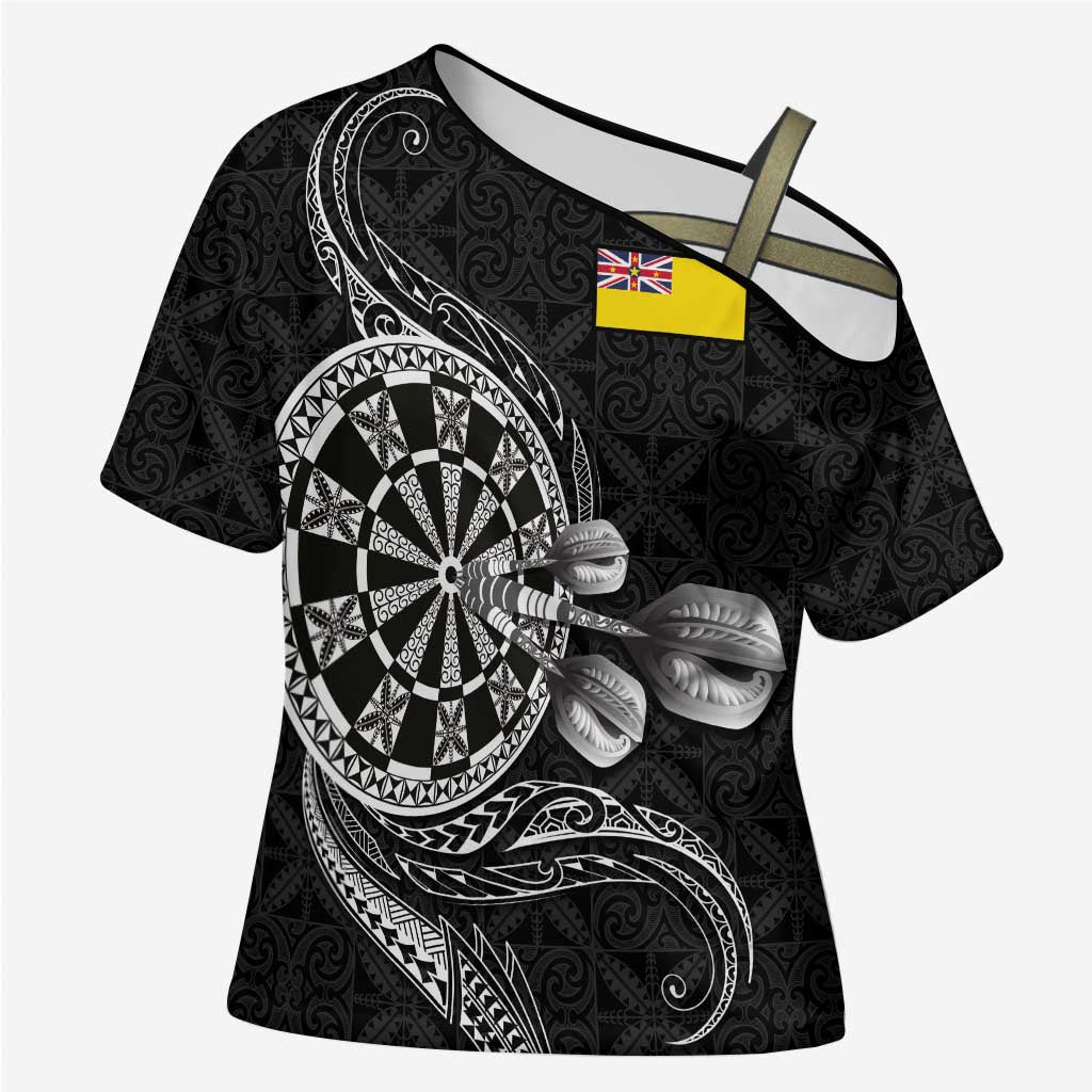 Personalised Niue Darts Masters Cross Shoulder Shirt Tribal Hiapo Dartboard - Polynesian Pride