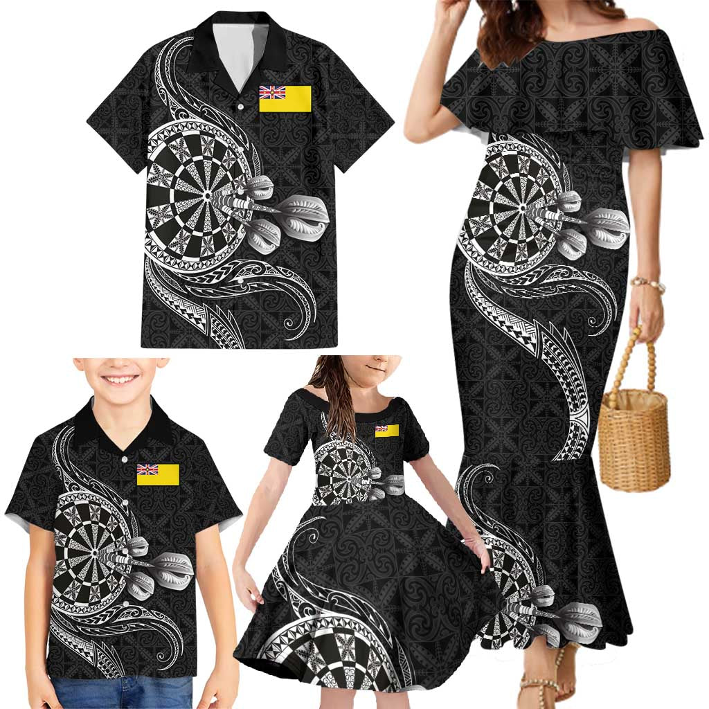 Personalised Niue Darts Masters Family Matching Mermaid Dress and Hawaiian Shirt Tribal Hiapo Dartboard - Polynesian Pride