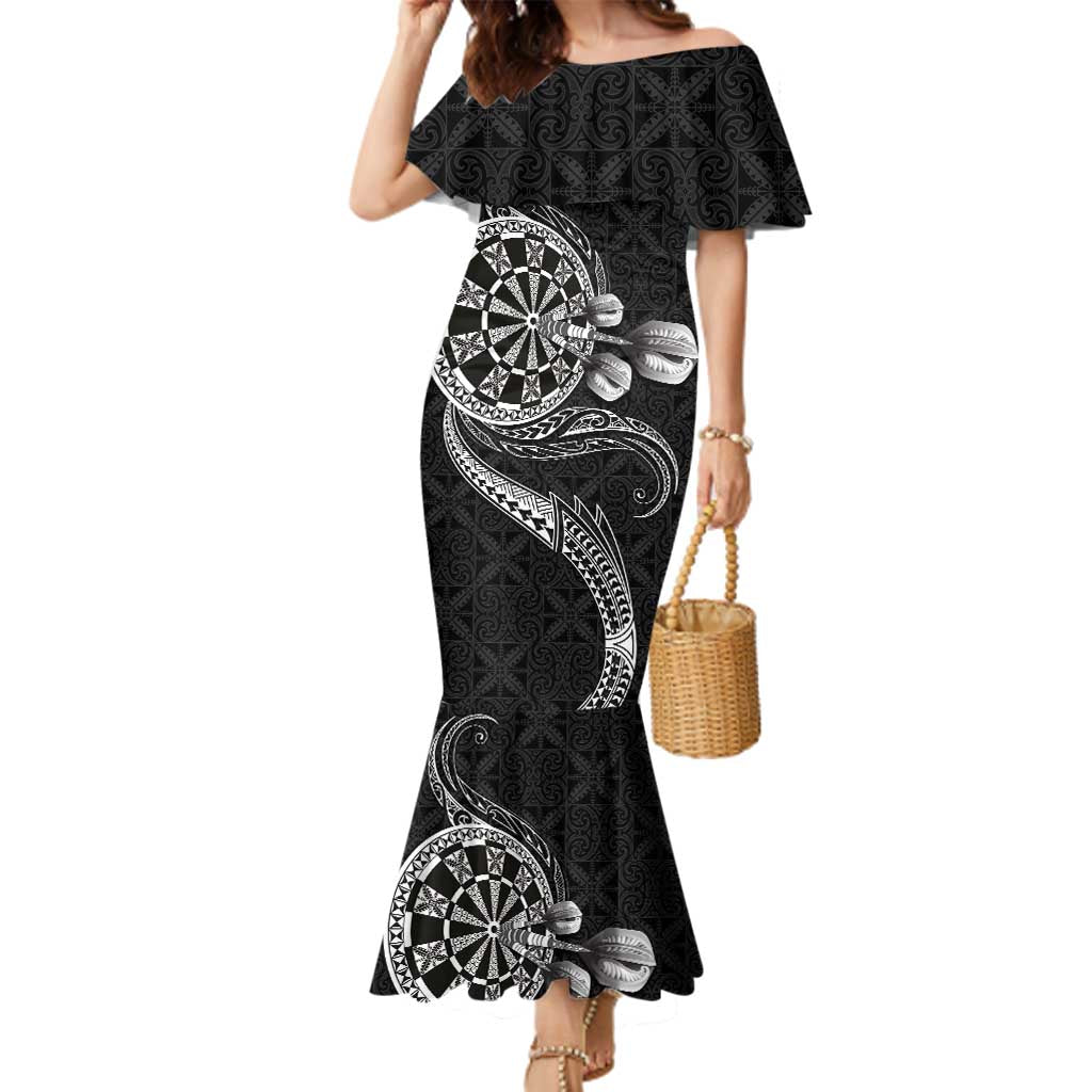 Personalised Niue Darts Masters Family Matching Mermaid Dress and Hawaiian Shirt Tribal Hiapo Dartboard LT03 Mom's Dress Black - Polynesian Pride