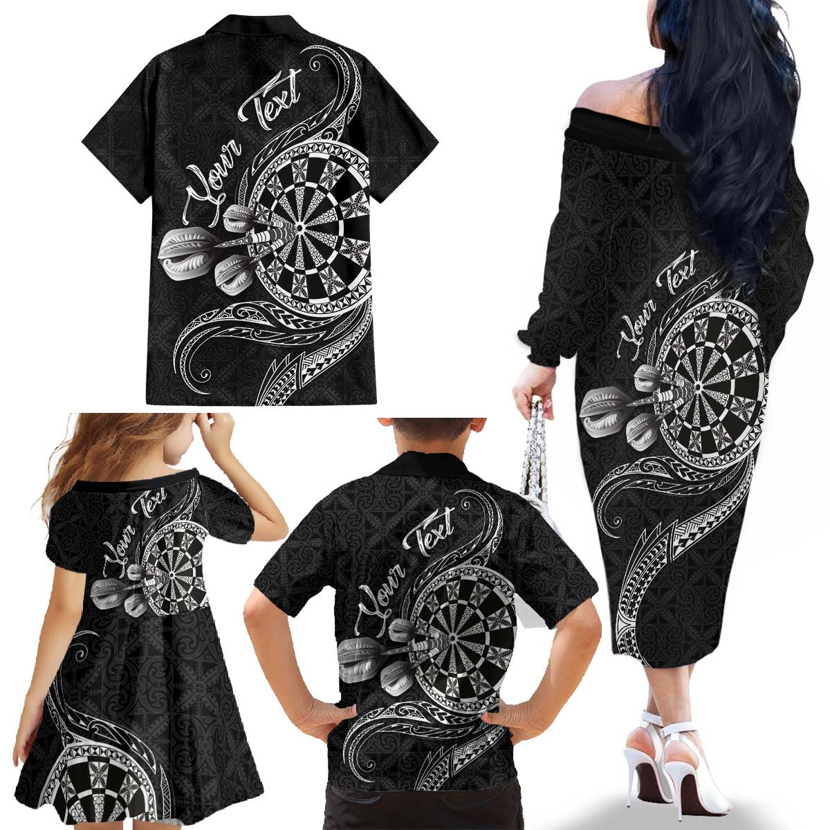 Personalised Niue Darts Masters Family Matching Off The Shoulder Long Sleeve Dress and Hawaiian Shirt Tribal Hiapo Dartboard LT03 - Polynesian Pride