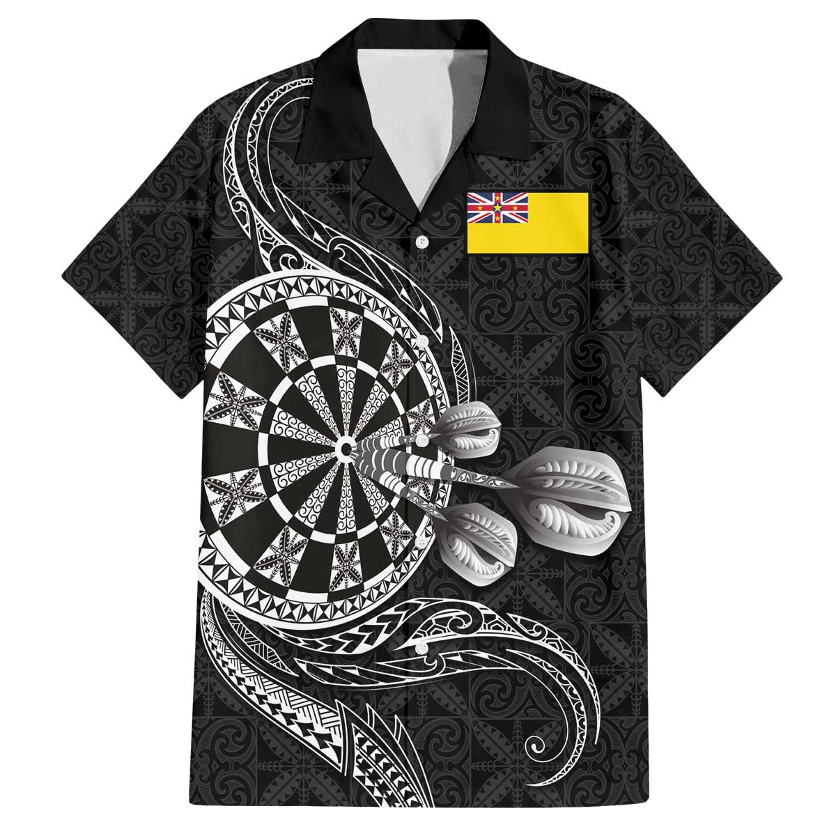Personalised Niue Darts Masters Family Matching Off The Shoulder Long Sleeve Dress and Hawaiian Shirt Tribal Hiapo Dartboard LT03 Dad's Shirt - Short Sleeve Black - Polynesian Pride
