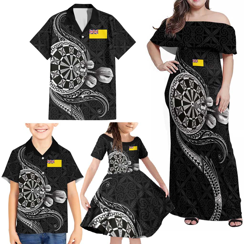 Personalised Niue Darts Masters Family Matching Off Shoulder Maxi Dress and Hawaiian Shirt Tribal Hiapo Dartboard LT03 - Polynesian Pride
