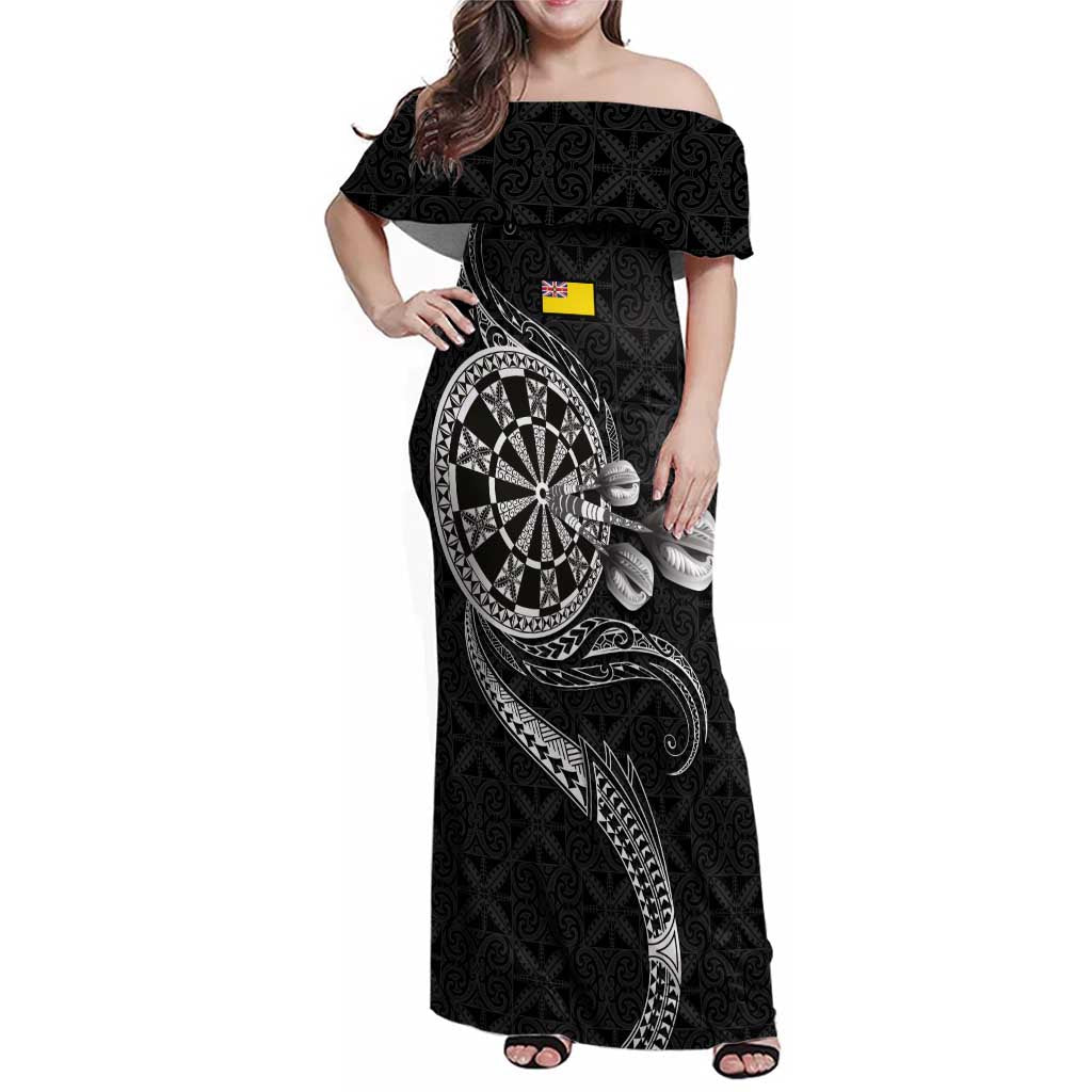 Personalised Niue Darts Masters Family Matching Off Shoulder Maxi Dress and Hawaiian Shirt Tribal Hiapo Dartboard LT03 Mom's Dress Black - Polynesian Pride