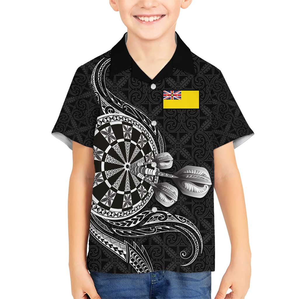 Personalised Niue Darts Masters Family Matching Off Shoulder Maxi Dress and Hawaiian Shirt Tribal Hiapo Dartboard LT03 Son's Shirt Black - Polynesian Pride