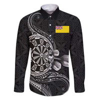 Personalised Niue Darts Masters Family Matching Off Shoulder Short Dress and Hawaiian Shirt Tribal Hiapo Dartboard LT03 Dad's Shirt - Long Sleeve Black - Polynesian Pride