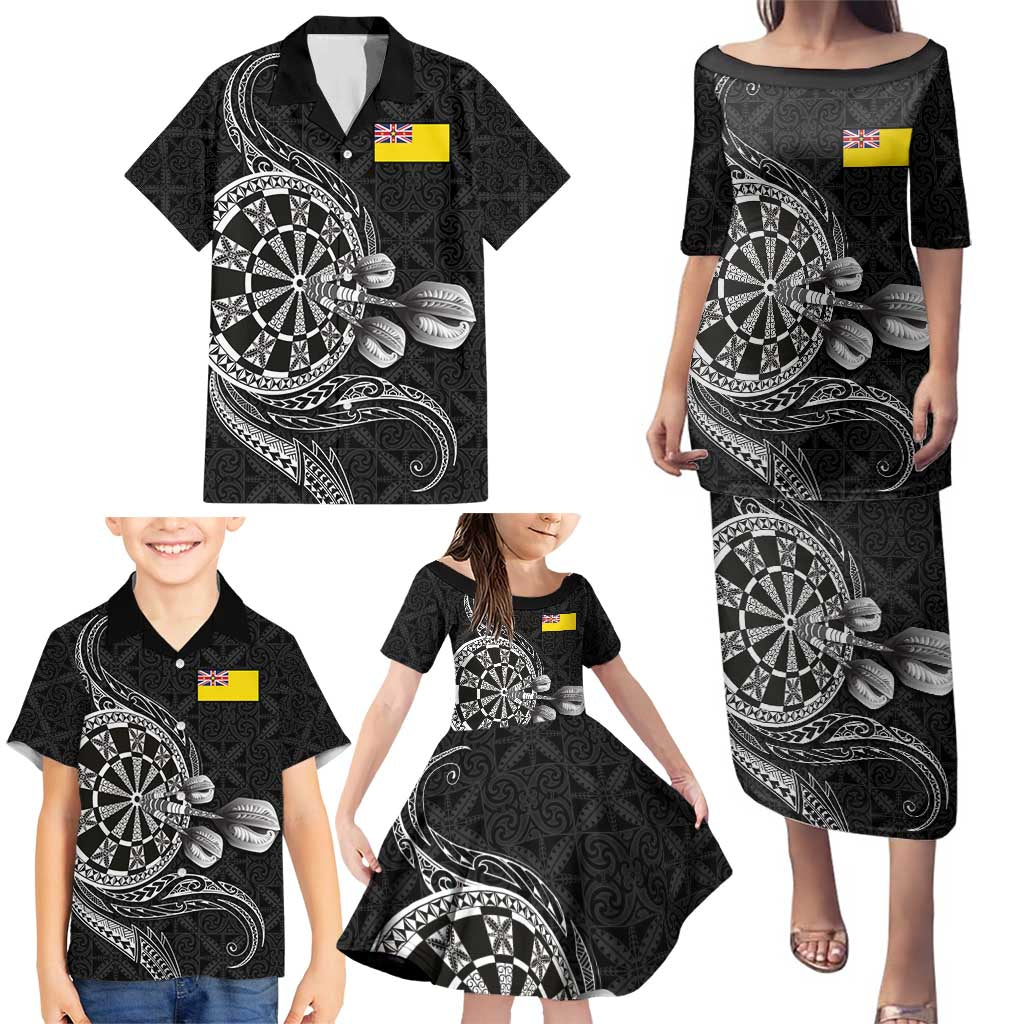 Personalised Niue Darts Masters Family Matching Puletasi and Hawaiian Shirt Tribal Hiapo Dartboard - Polynesian Pride