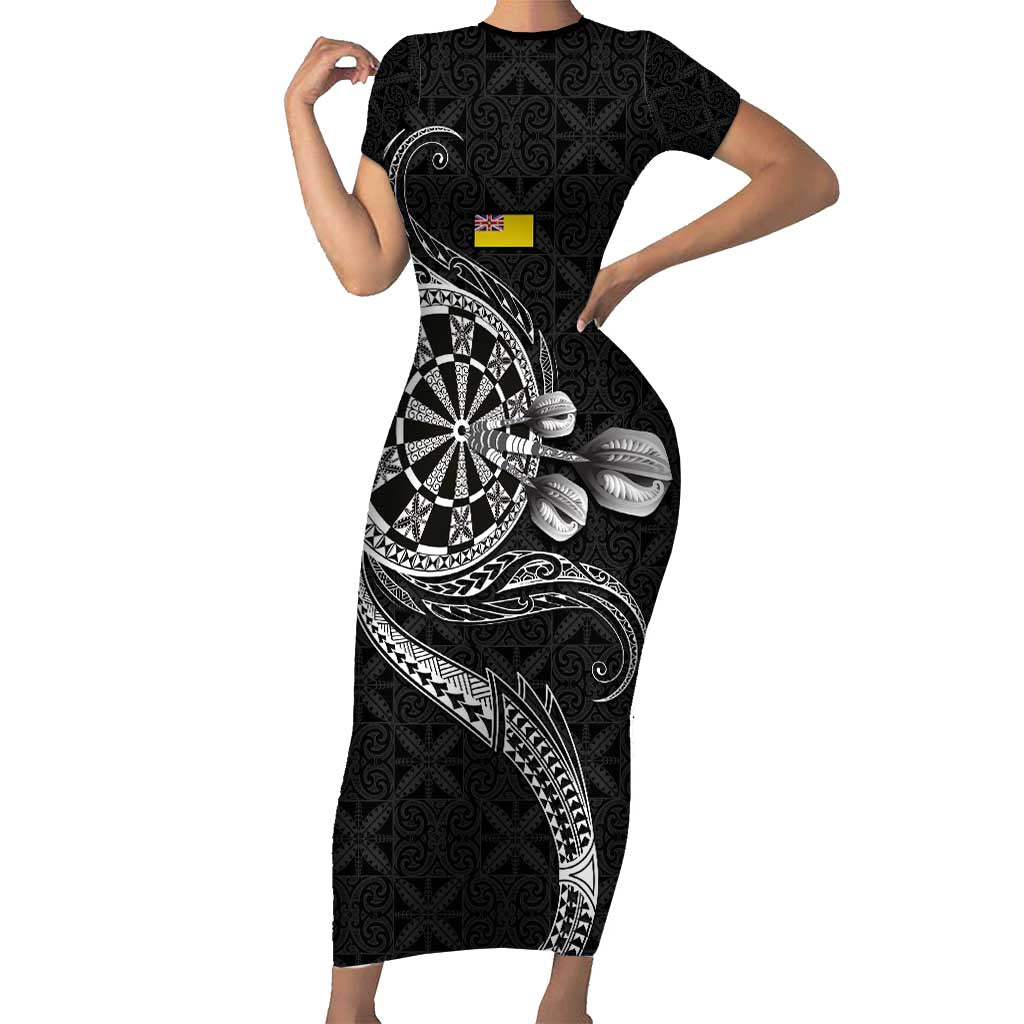 Personalised Niue Darts Masters Family Matching Short Sleeve Bodycon Dress and Hawaiian Shirt Tribal Hiapo Dartboard LT03 Mom's Dress Black - Polynesian Pride