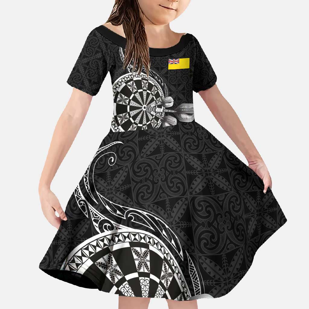Personalised Niue Darts Masters Family Matching Summer Maxi Dress and Hawaiian Shirt Tribal Hiapo Dartboard LT03 Daughter's Dress Black - Polynesian Pride