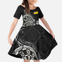 Personalised Niue Darts Masters Family Matching Summer Maxi Dress and Hawaiian Shirt Tribal Hiapo Dartboard LT03 Daughter's Dress Black - Polynesian Pride
