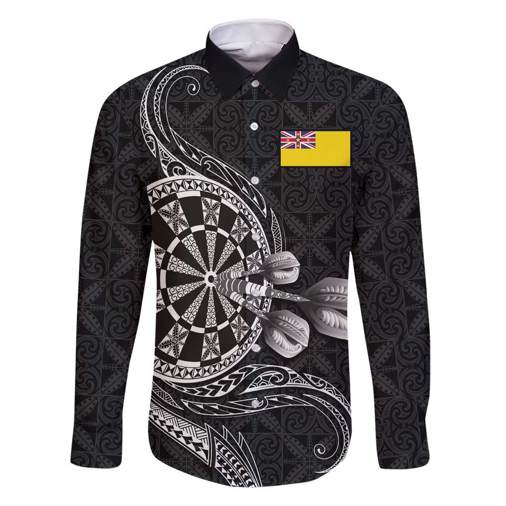 Personalised Niue Darts Masters Family Matching Summer Maxi Dress and Hawaiian Shirt Tribal Hiapo Dartboard LT03 Dad's Shirt - Long Sleeve Black - Polynesian Pride