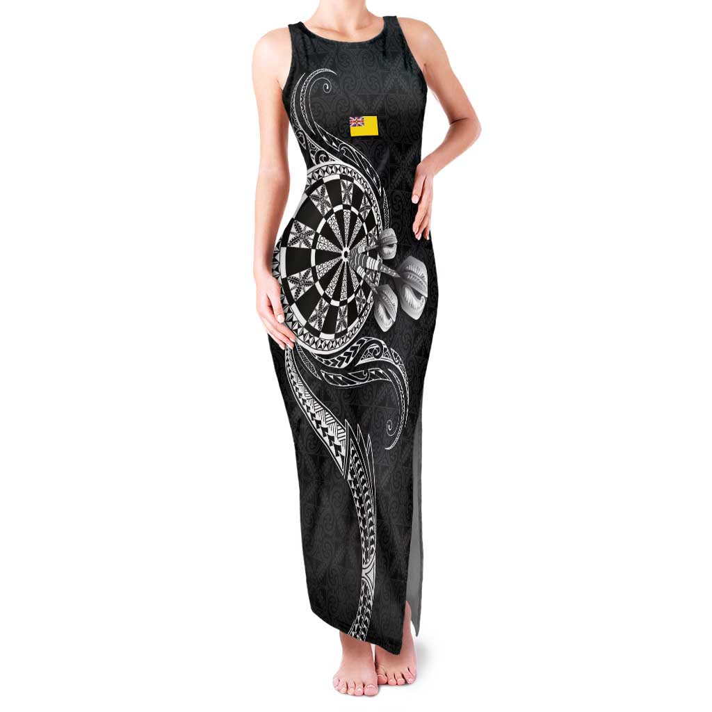 Personalised Niue Darts Masters Family Matching Tank Maxi Dress and Hawaiian Shirt Tribal Hiapo Dartboard LT03 Mom's Dress Black - Polynesian Pride
