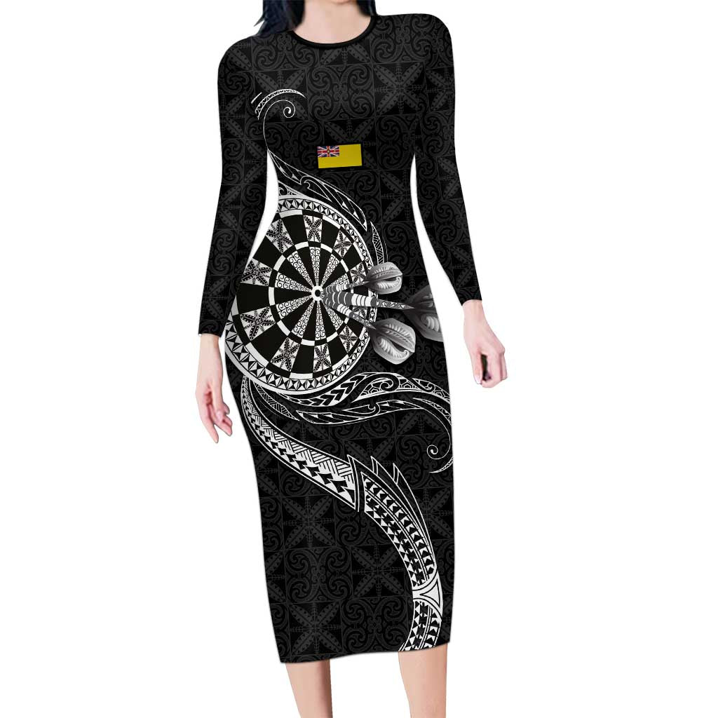 Personalised Niue Darts Masters Long Sleeve Bodycon Dress Tribal Hiapo Dartboard - Polynesian Pride
