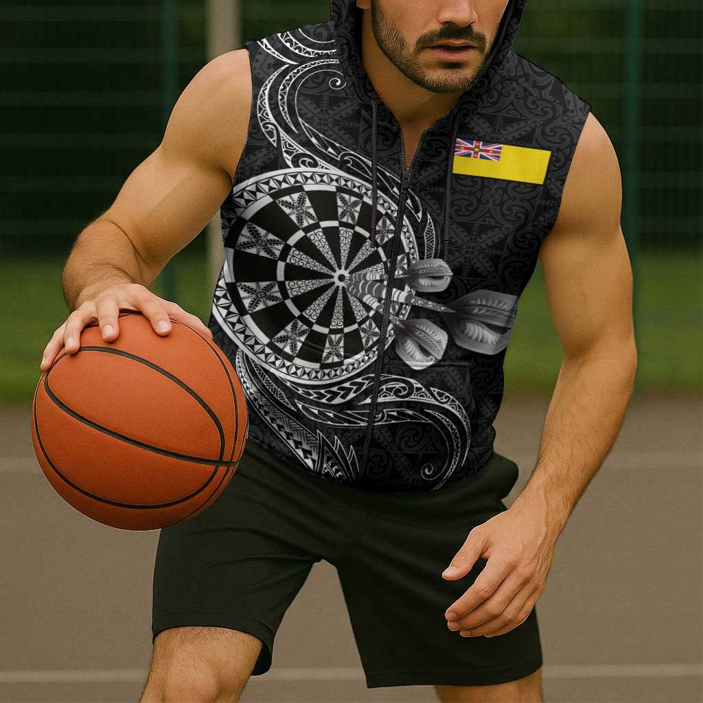 Personalised Niue Darts Masters Sleeveless Zip Hoodie Tribal Hiapo Dartboard - Polynesian Pride