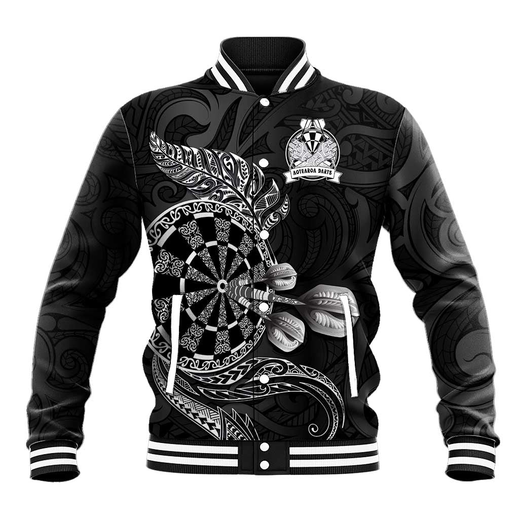 Personalised New Zealand Aotearoa Darts Masters Baseball Jacket Tribal Silver Fern and Ta Moko Dartboard - Polynesian Pride