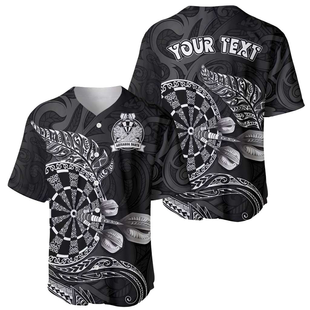 Personalised New Zealand Aotearoa Darts Masters Baseball Jersey Tribal Silver Fern and Ta Moko Dartboard - Polynesian Pride