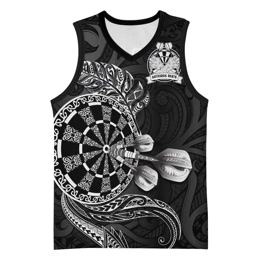 Personalised New Zealand Aotearoa Darts Masters Basketball Jersey Tribal Silver Fern and Ta Moko Dartboard LT03 Unisex Black - Polynesian Pride