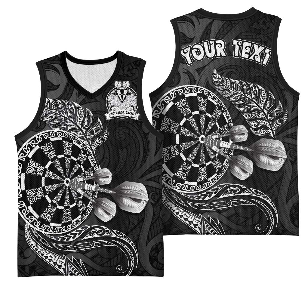 Personalised New Zealand Aotearoa Darts Masters Basketball Jersey Tribal Silver Fern and Ta Moko Dartboard LT03 - Polynesian Pride
