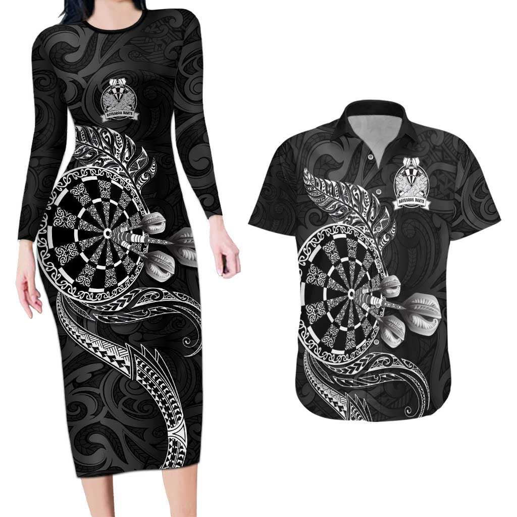 Personalised New Zealand Aotearoa Darts Masters Couples Matching Long Sleeve Bodycon Dress and Hawaiian Shirt Tribal Silver Fern and Ta Moko Dartboard LT03 Black - Polynesian Pride