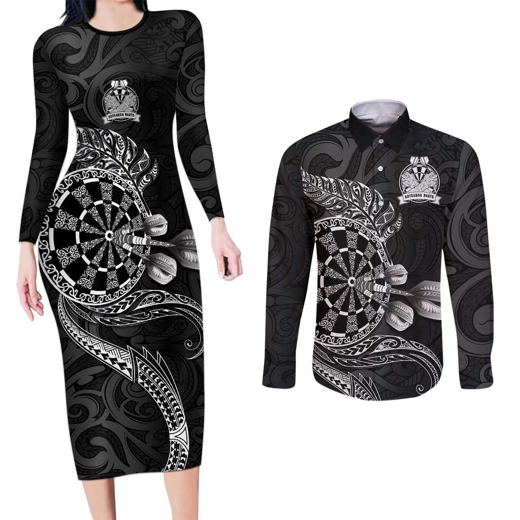 Personalised New Zealand Aotearoa Darts Masters Couples Matching Long Sleeve Bodycon Dress and Long Sleeve Button Shirt Tribal Silver Fern and Ta Moko Dartboard LT03 Black - Polynesian Pride