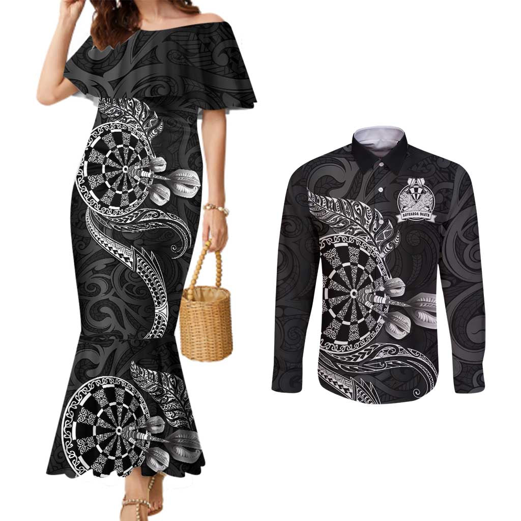 Personalised New Zealand Aotearoa Darts Masters Couples Matching Mermaid Dress and Long Sleeve Button Shirt Tribal Silver Fern and Ta Moko Dartboard LT03 Black - Polynesian Pride