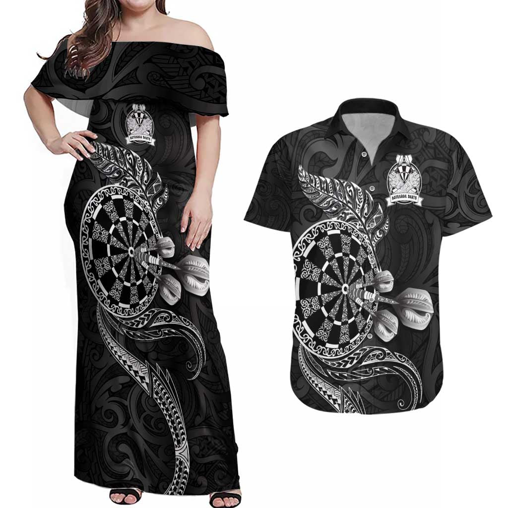 Personalised New Zealand Aotearoa Darts Masters Couples Matching Off Shoulder Maxi Dress and Hawaiian Shirt Tribal Silver Fern and Ta Moko Dartboard LT03 Black - Polynesian Pride