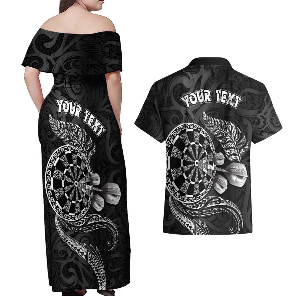 Personalised New Zealand Aotearoa Darts Masters Couples Matching Off Shoulder Maxi Dress and Hawaiian Shirt Tribal Silver Fern and Ta Moko Dartboard LT03 - Polynesian Pride