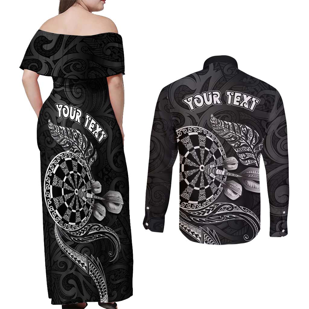 Personalised New Zealand Aotearoa Darts Masters Couples Matching Off Shoulder Maxi Dress and Long Sleeve Button Shirt Tribal Silver Fern and Ta Moko Dartboard LT03 - Polynesian Pride