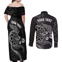 Personalised New Zealand Aotearoa Darts Masters Couples Matching Off Shoulder Maxi Dress and Long Sleeve Button Shirt Tribal Silver Fern and Ta Moko Dartboard LT03 - Polynesian Pride