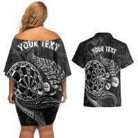 Personalised New Zealand Aotearoa Darts Masters Couples Matching Off Shoulder Short Dress and Hawaiian Shirt Tribal Silver Fern and Ta Moko Dartboard LT03 - Polynesian Pride