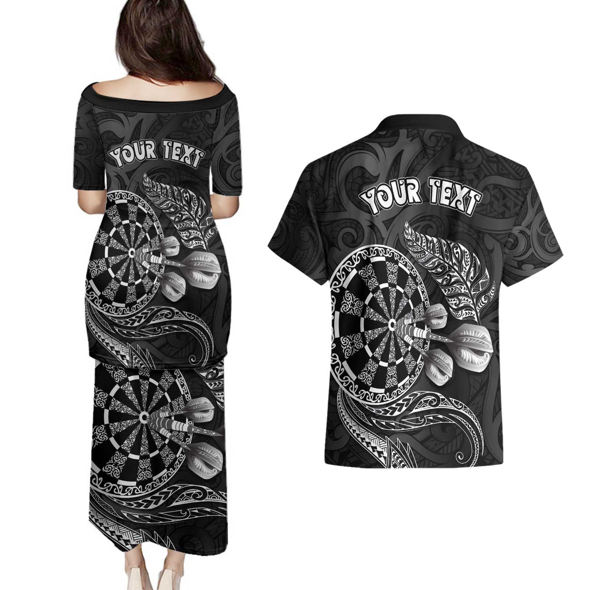 Personalised New Zealand Aotearoa Darts Masters Couples Matching Puletasi and Hawaiian Shirt Tribal Silver Fern and Ta Moko Dartboard LT03 - Polynesian Pride