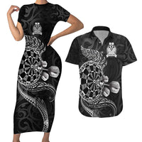 Personalised New Zealand Aotearoa Darts Masters Couples Matching Short Sleeve Bodycon Dress and Hawaiian Shirt Tribal Silver Fern and Ta Moko Dartboard LT03 Black - Polynesian Pride