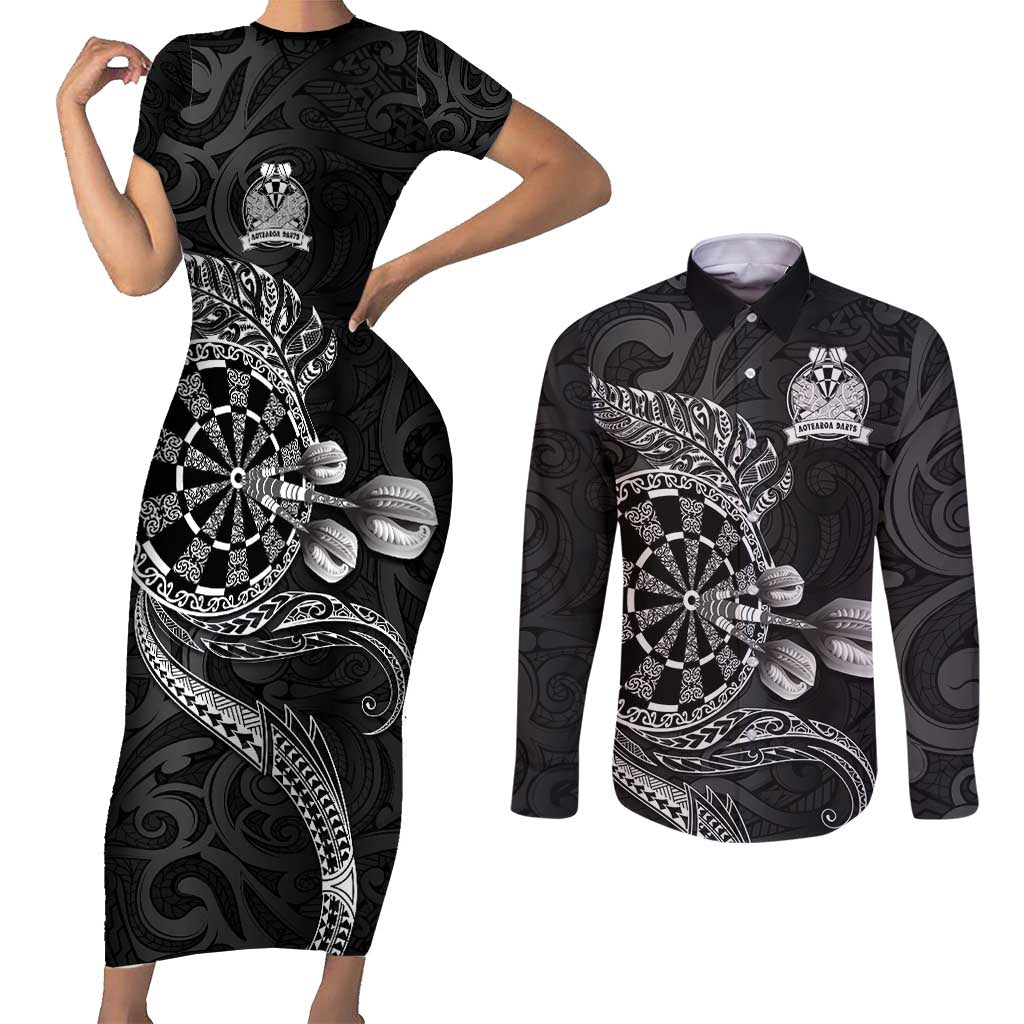 Personalised New Zealand Aotearoa Darts Masters Couples Matching Short Sleeve Bodycon Dress and Long Sleeve Button Shirt Tribal Silver Fern and Ta Moko Dartboard LT03 Black - Polynesian Pride