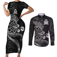 Personalised New Zealand Aotearoa Darts Masters Couples Matching Short Sleeve Bodycon Dress and Long Sleeve Button Shirt Tribal Silver Fern and Ta Moko Dartboard LT03 Black - Polynesian Pride