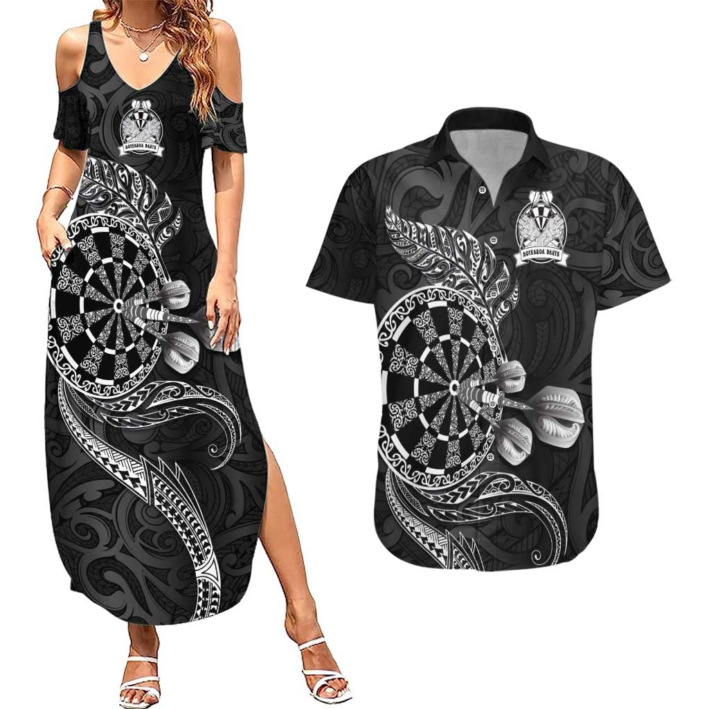 Personalised New Zealand Aotearoa Darts Masters Couples Matching Summer Maxi Dress and Hawaiian Shirt Tribal Silver Fern and Ta Moko Dartboard - Polynesian Pride
