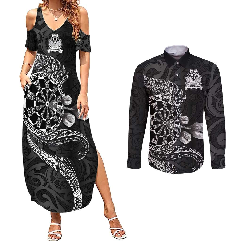 Personalised New Zealand Aotearoa Darts Masters Couples Matching Summer Maxi Dress and Long Sleeve Button Shirt Tribal Silver Fern and Ta Moko Dartboard LT03 Black - Polynesian Pride