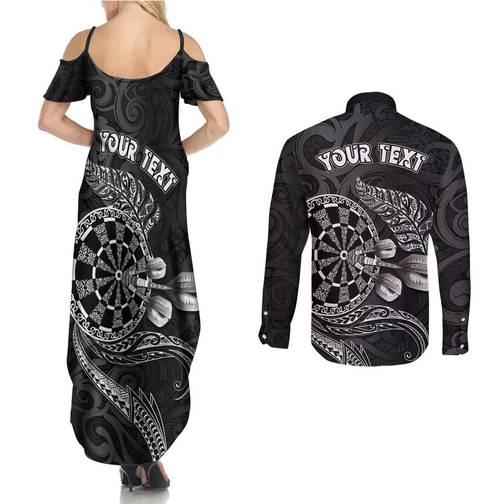 Personalised New Zealand Aotearoa Darts Masters Couples Matching Summer Maxi Dress and Long Sleeve Button Shirt Tribal Silver Fern and Ta Moko Dartboard LT03 - Polynesian Pride