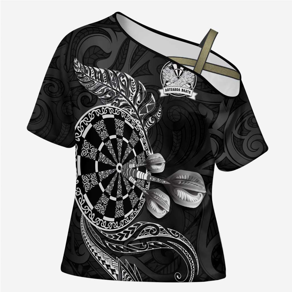 Personalised New Zealand Aotearoa Darts Masters Cross Shoulder Shirt Tribal Silver Fern and Ta Moko Dartboard LT03 Female Black - Polynesian Pride