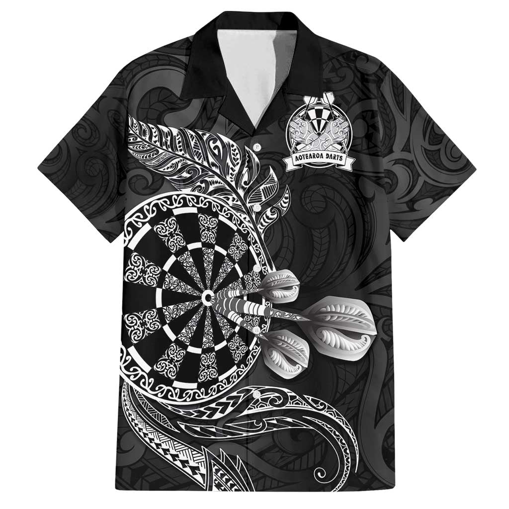 Personalised New Zealand Aotearoa Darts Masters Family Matching Long Sleeve Bodycon Dress and Hawaiian Shirt Tribal Silver Fern and Ta Moko Dartboard LT03 Dad's Shirt - Short Sleeve Black - Polynesian Pride