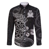Personalised New Zealand Aotearoa Darts Masters Family Matching Long Sleeve Bodycon Dress and Hawaiian Shirt Tribal Silver Fern and Ta Moko Dartboard LT03 Dad's Shirt - Long Sleeve Black - Polynesian Pride