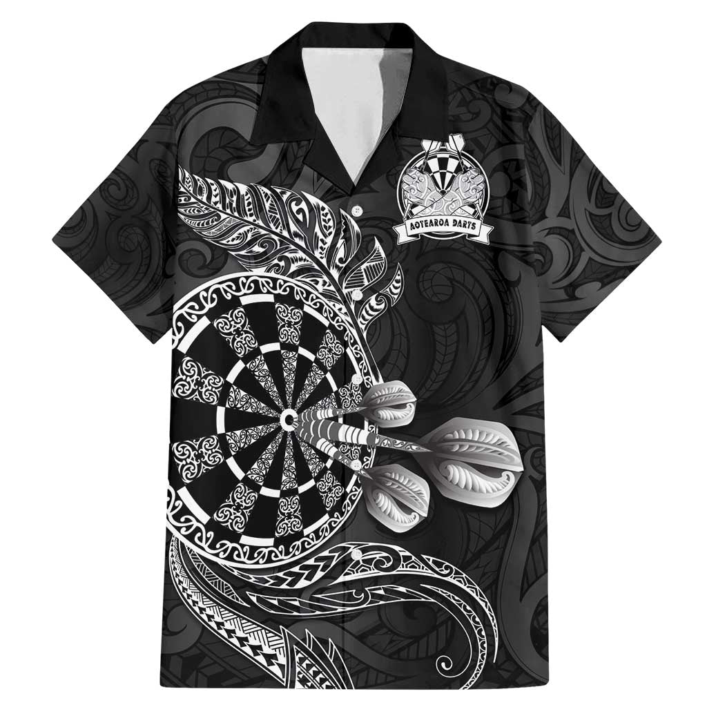 Personalised New Zealand Aotearoa Darts Masters Family Matching Mermaid Dress and Hawaiian Shirt Tribal Silver Fern and Ta Moko Dartboard LT03 Dad's Shirt - Short Sleeve Black - Polynesian Pride
